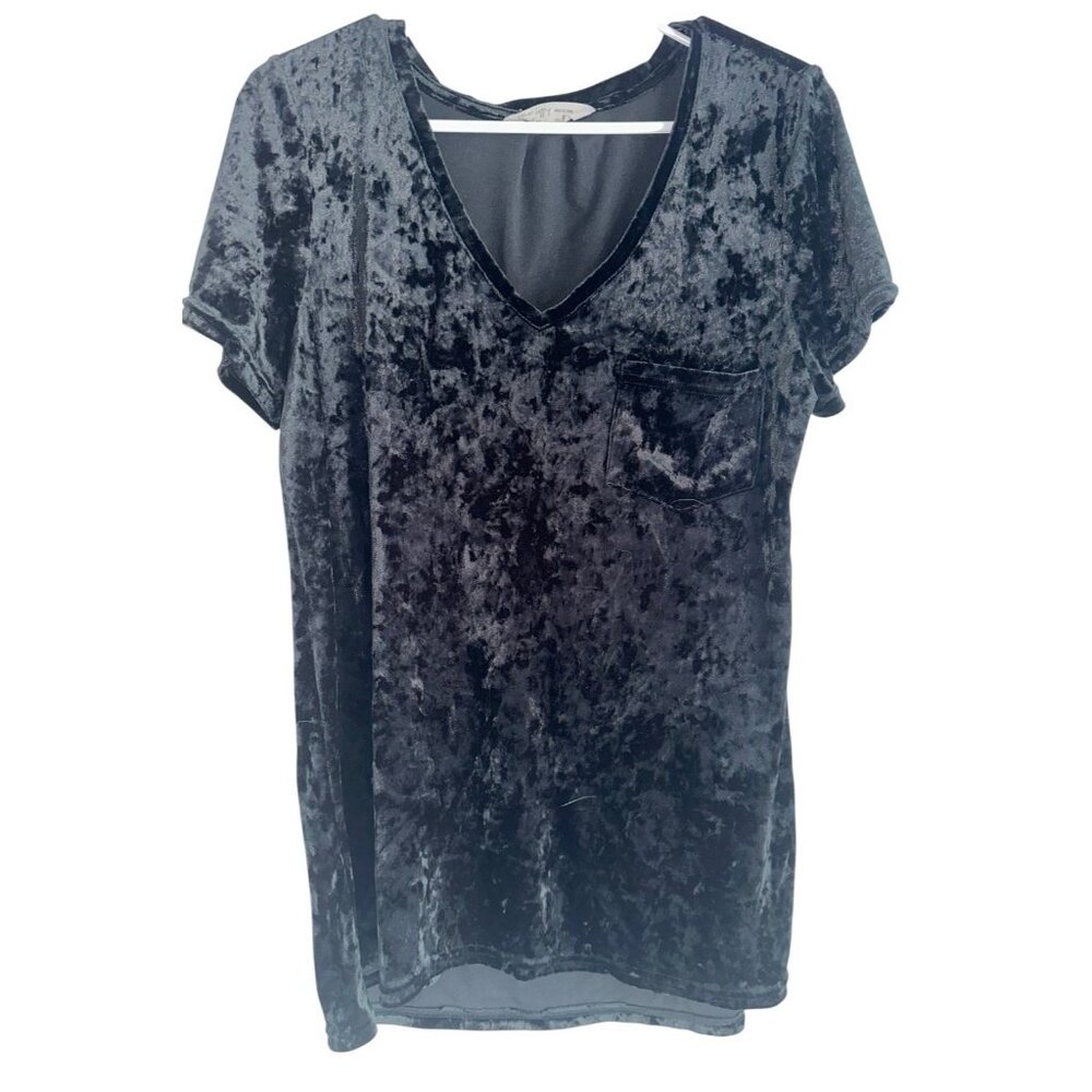 Spring + Mercer Crushed Velvet Legging Tee Black V-Neck Short Sleeve Sz S Witchy